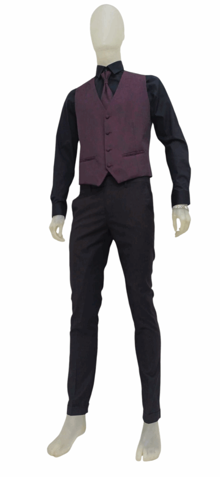 Abito uomo con giacca smanicata offre un tessuto damascato che aggiunge nota di originalità al look. il pantalone è caratterizzato dal design semplice e gamba dritta.