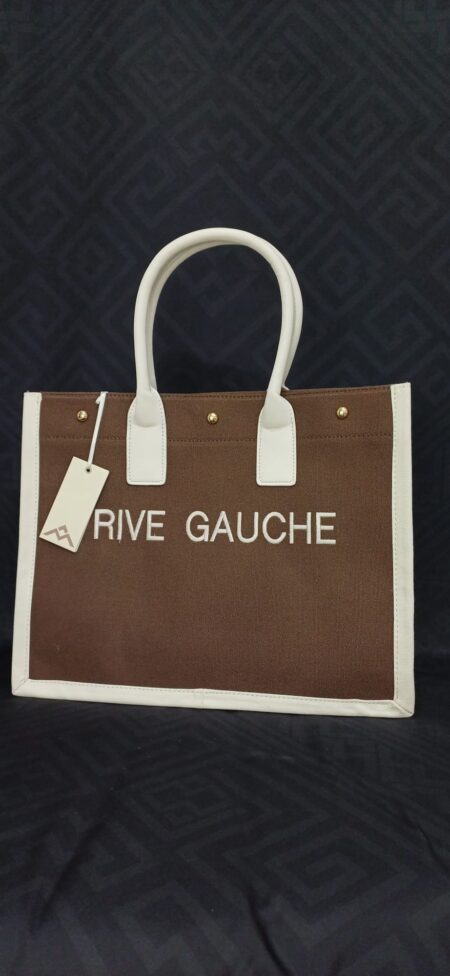 Borsa shopper in tela rigida con scritta "rive gauche" ricamata sul fronte