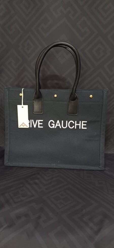 Borsa shopper in tela rigida con scritta "rive gauche" ricamata sul fronte