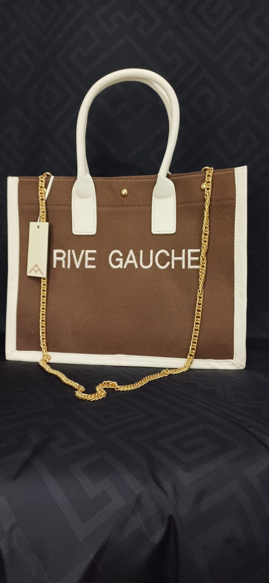 Borsa shopper in tela rigida con scritta "rive gauche" ricamata sul fronte - immagine 2