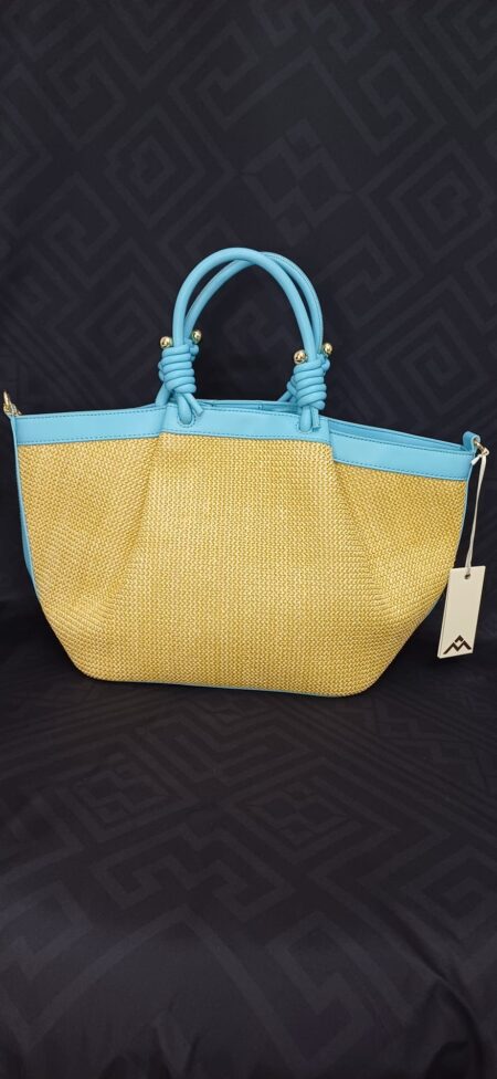 Borsa a mano in paglia intrecciata ed ecopelle con tracolla e nodi decorativi sui manici