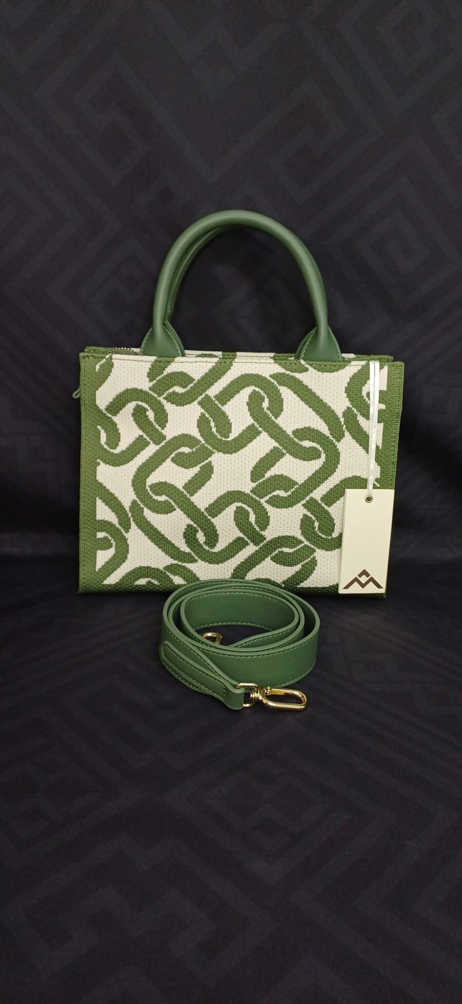 Borsa a mano con tracolla in tessuto jacquard, fantasia catena - immagine 2
