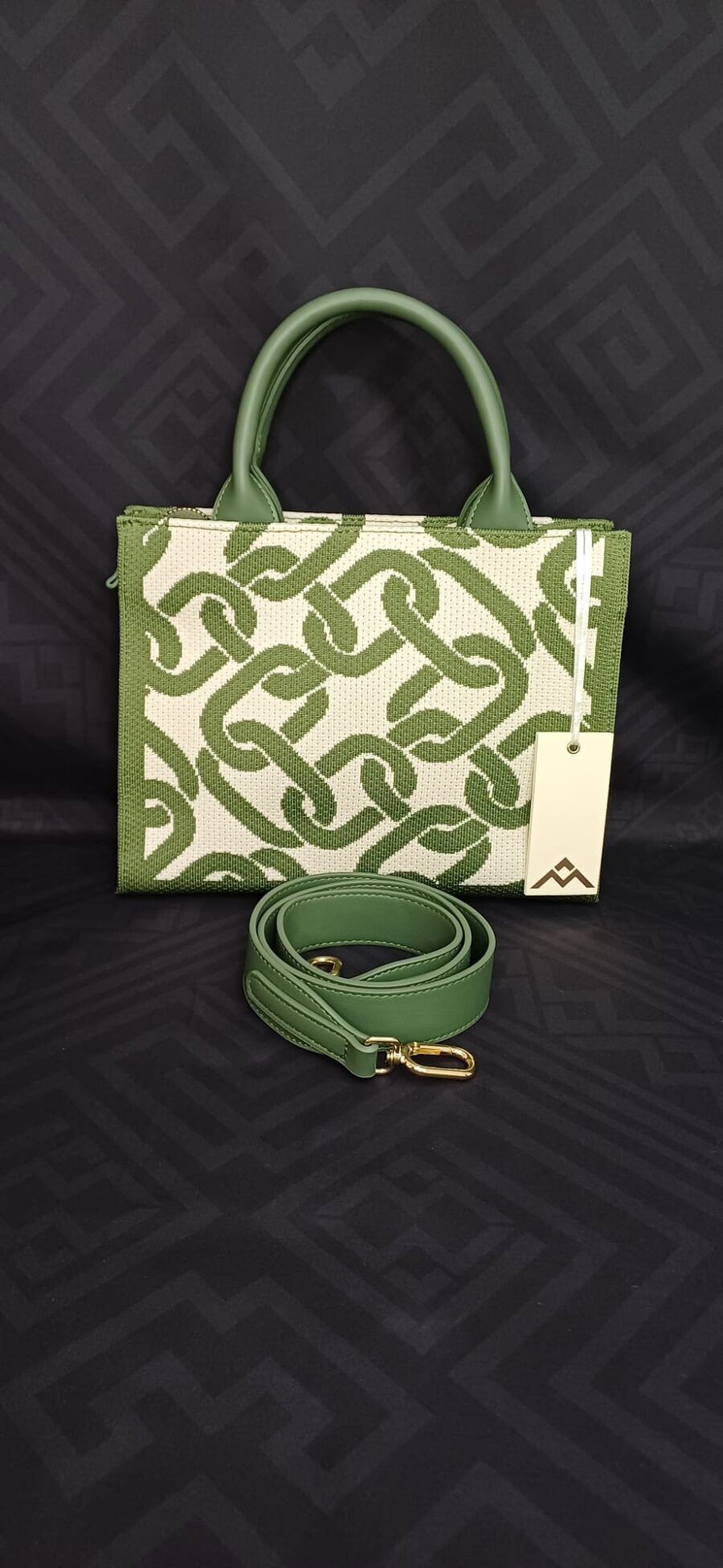 Borsa a mano con tracolla in tessuto jacquard, fantasia catena - immagine 3
