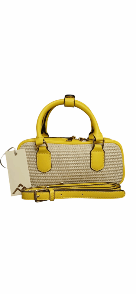 Borsa a mano e tracolla in paglia intrecciata con dettagli in ecopelle.