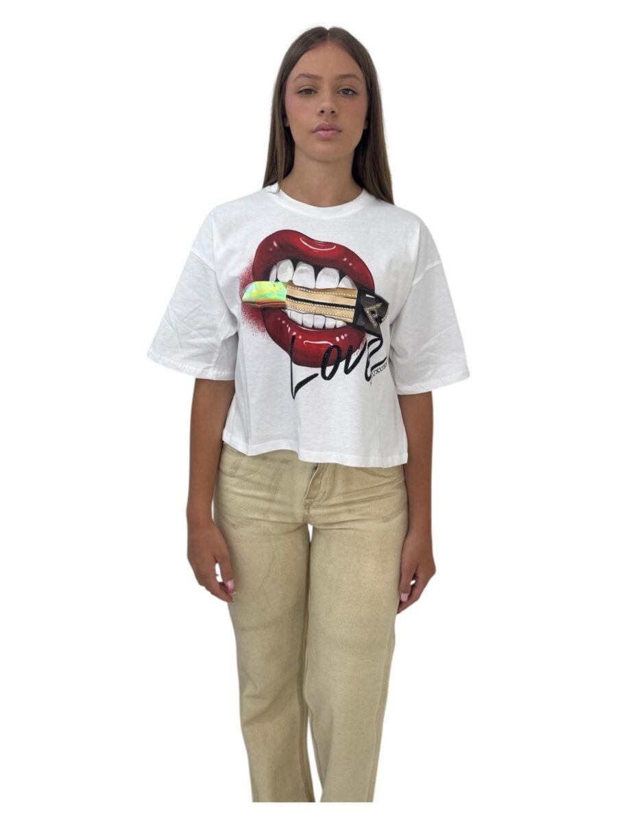 T-shirt bianca labbra. - immagine 2
